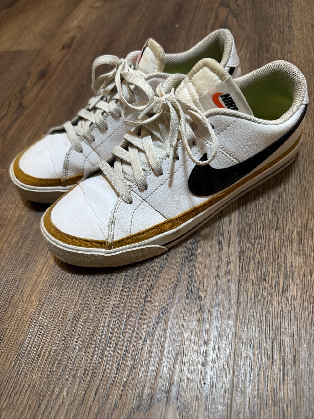 Nike White Low-Top Sneakers Court Legacy with Black Swoosh and Tan Trim